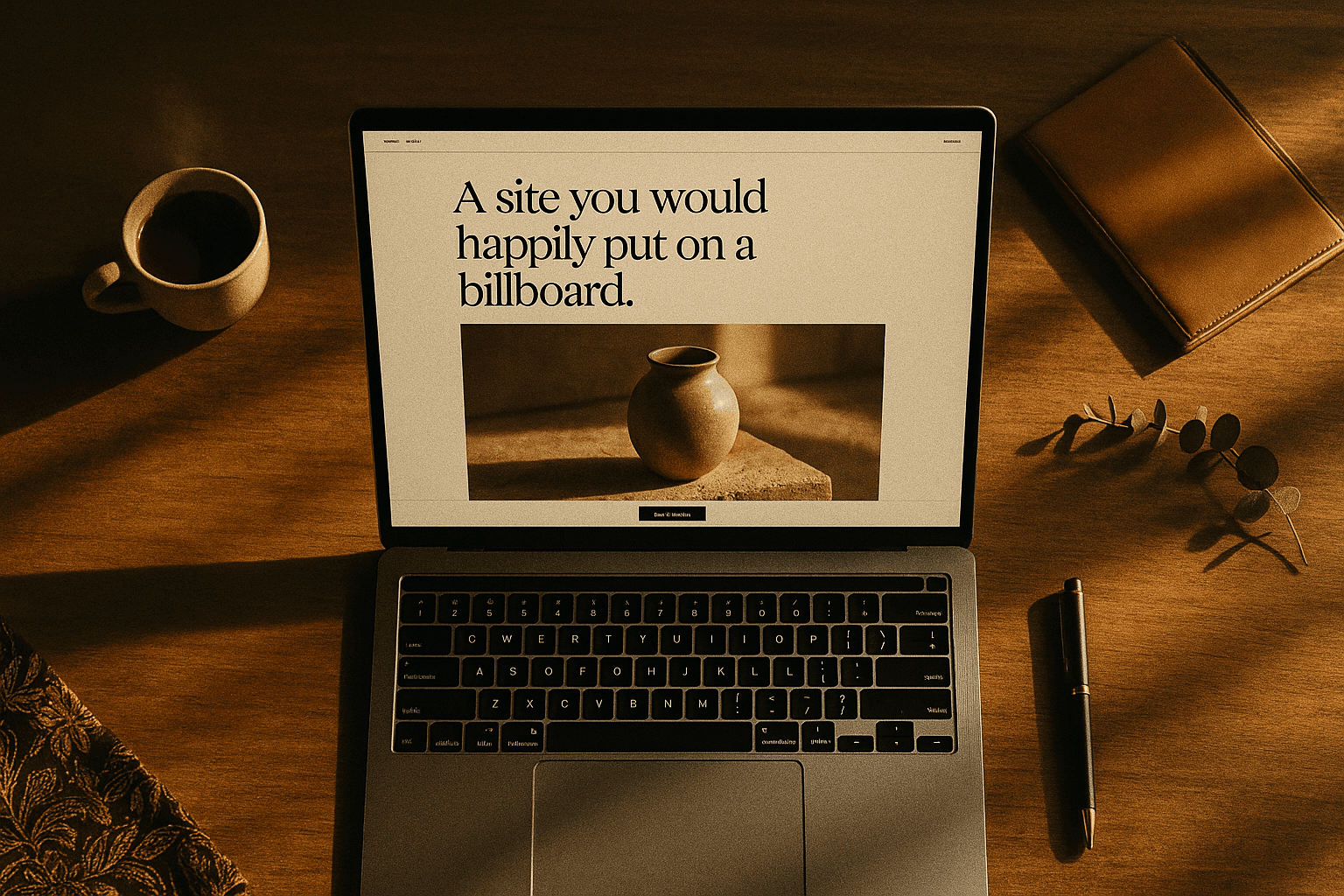 Editorial workstation: a Wiz Studio site on a laptop in warm afternoon light